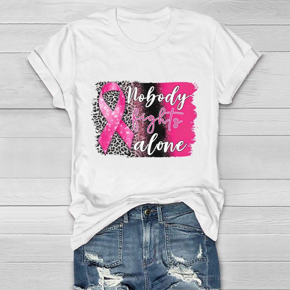 Nobody Fights Alone Pink Leopard Ribbon Healthwear T-Shirt