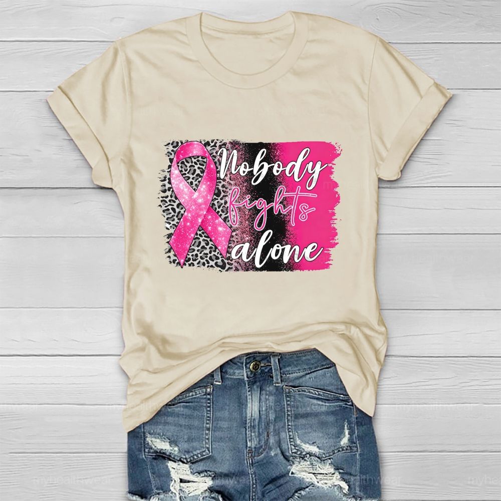 Nobody Fights Alone Pink Leopard Ribbon Healthwear T-Shirt