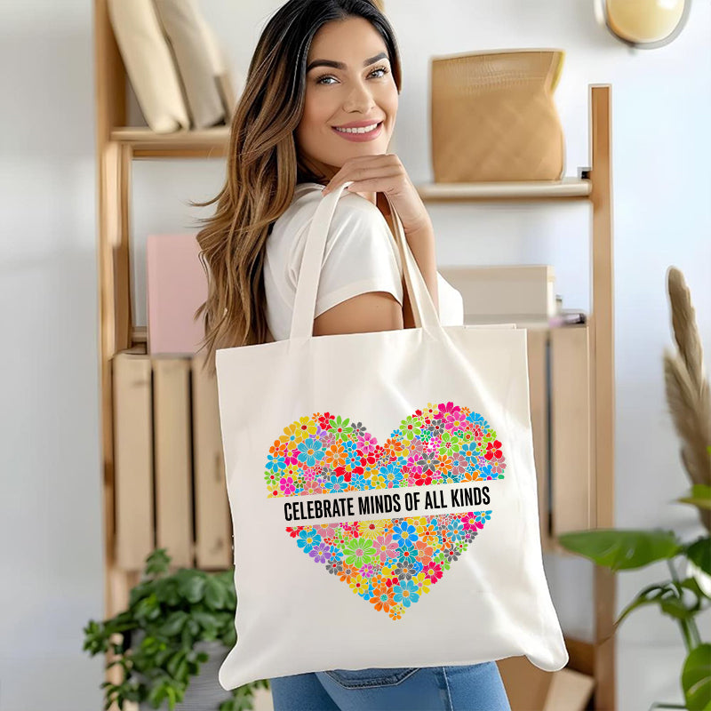 Celebrate Minds of All Kinds Heart Canvas Tote Bag