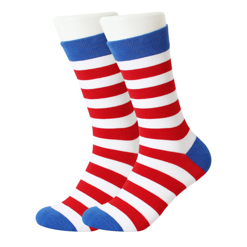 American Independence Day Themed Flag Socks With Color-Blocked Stripes And Mid-Calf Length