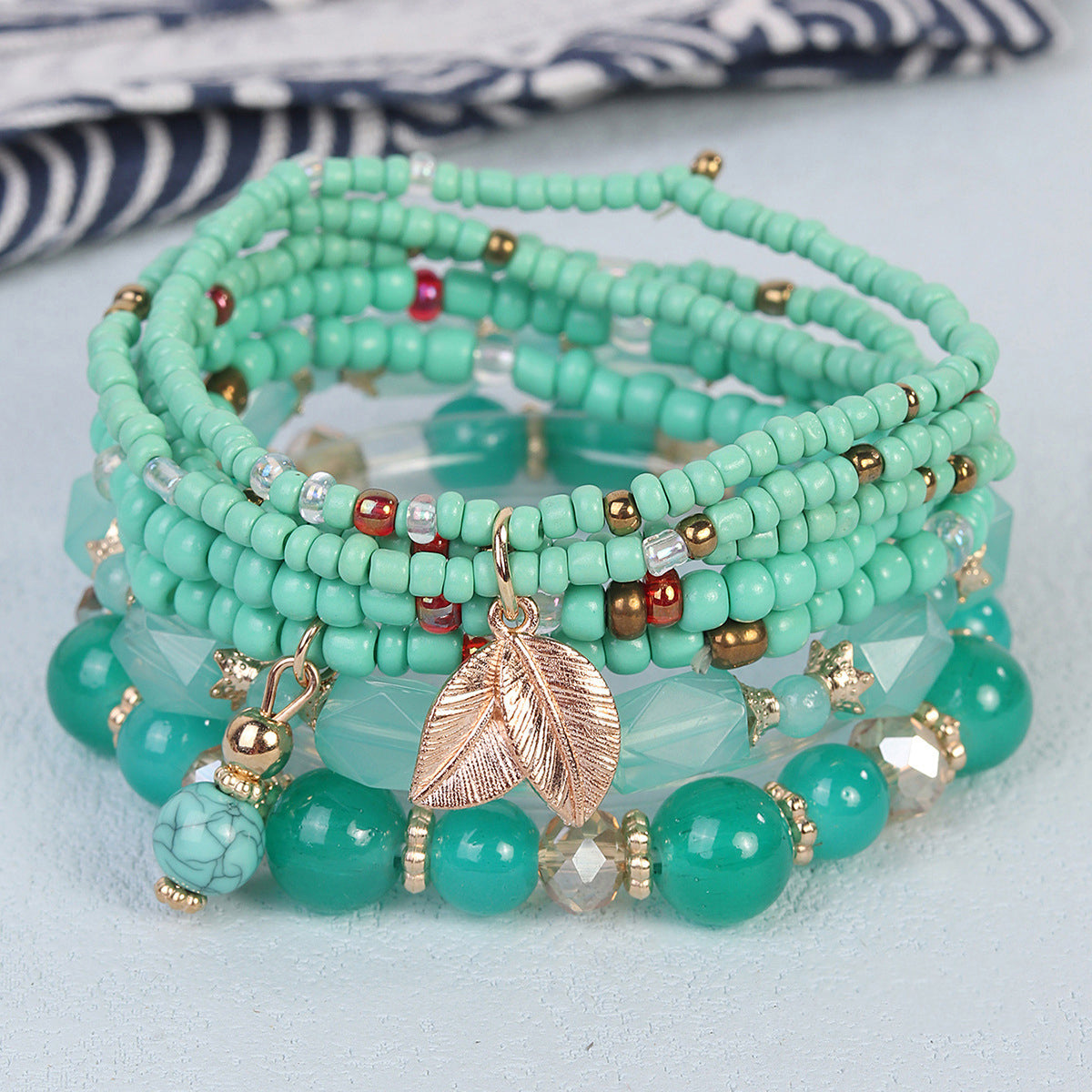 Bohemian Multi-Layered Beaded Bracelet With Leaf Pendant