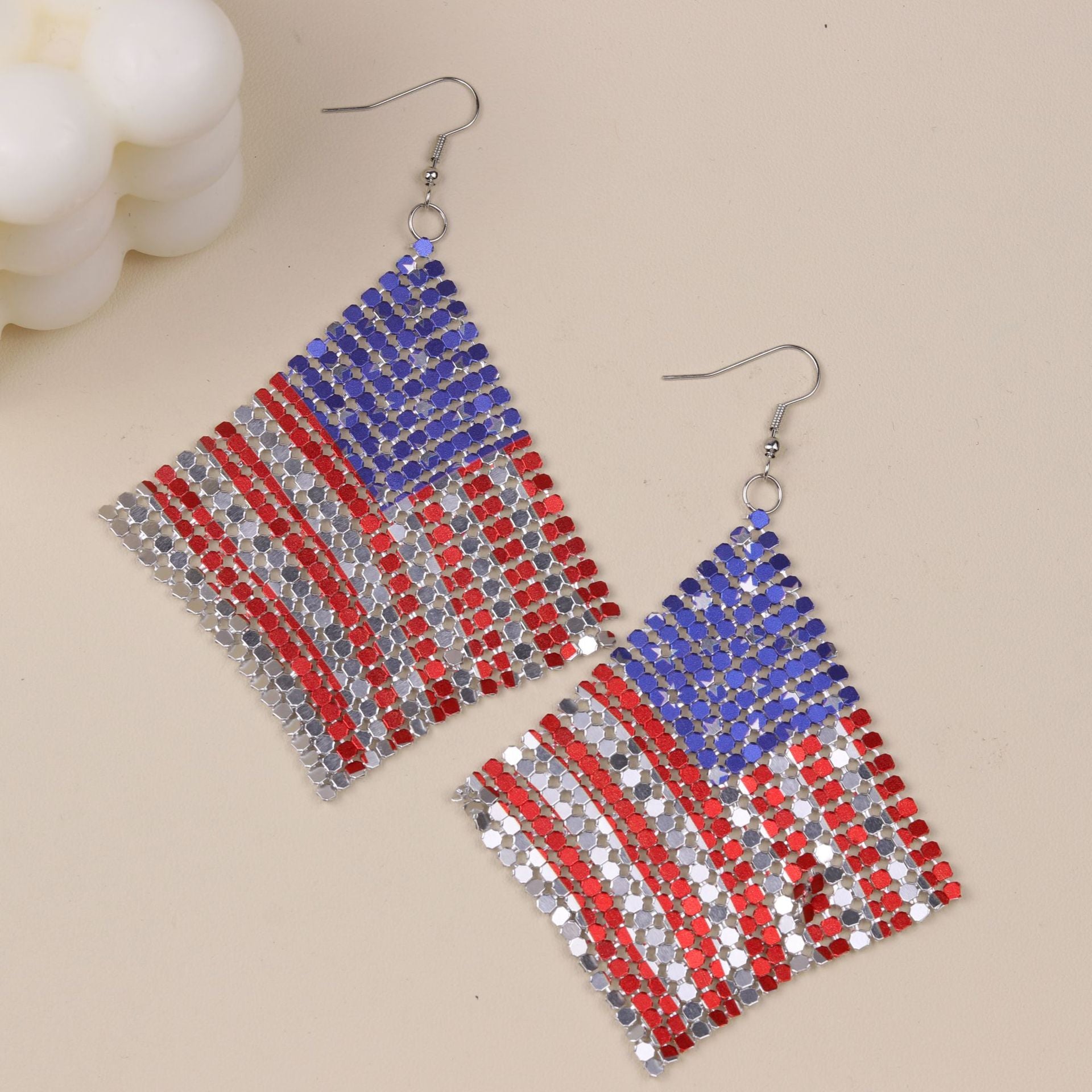 American Independence Day Themed Red White And Blue Flag Aluminum And Acrylic Earrings
