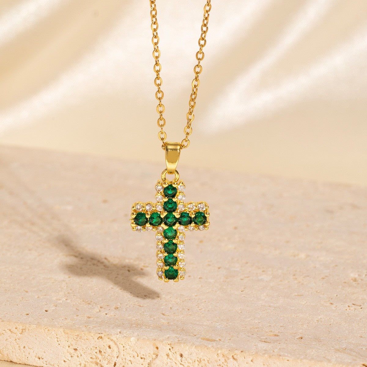 Green Copper And Zircon Cross Necklace