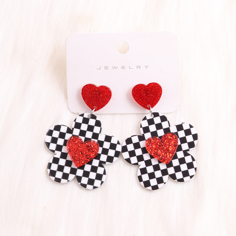 Acrylic Heart-Shaped Earrings With Red Lips And Rose Flower Pendants