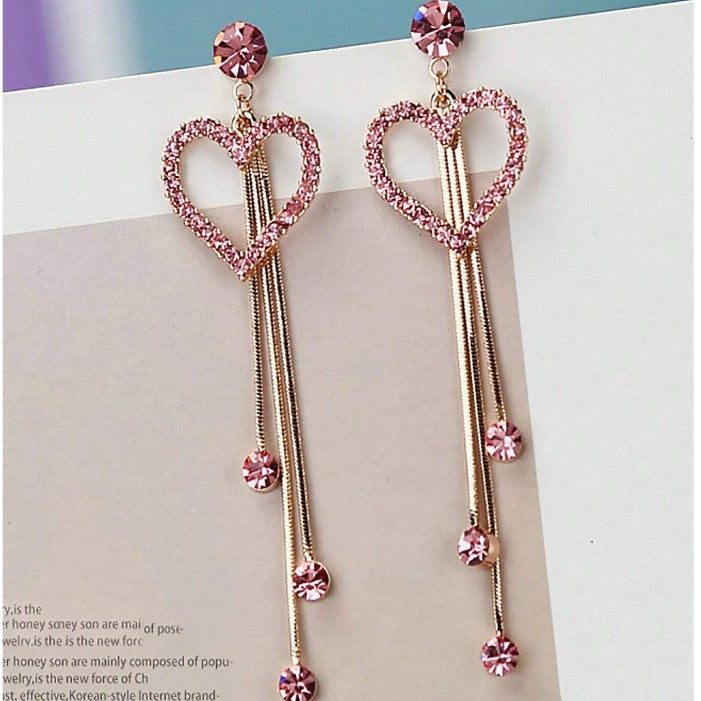 Valentine's Day Heart-Shaped Sparkling Zircon Long Tassel Earrings