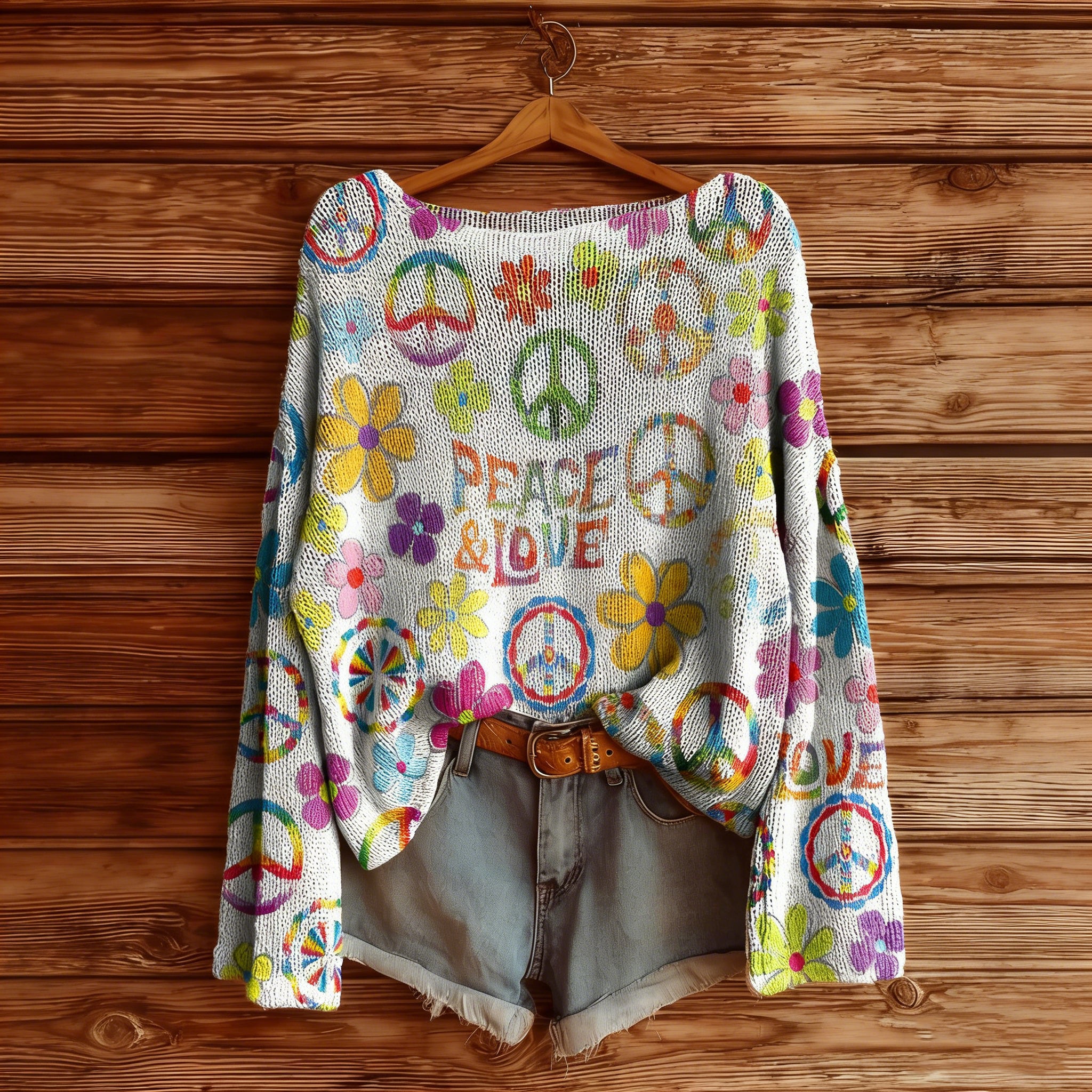 Peace And Love Symbol Floral Colorful Dropped Shoulder Crew Neck Sweater