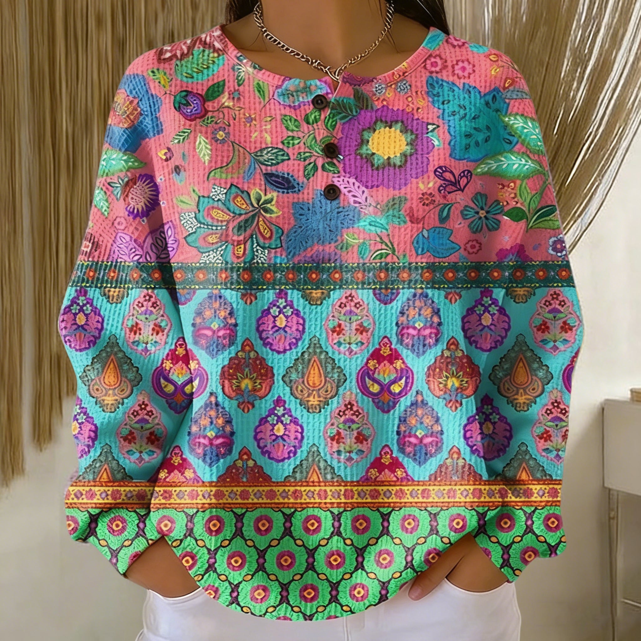 Traditional Pattern Design Stand Collar Polo Shirt