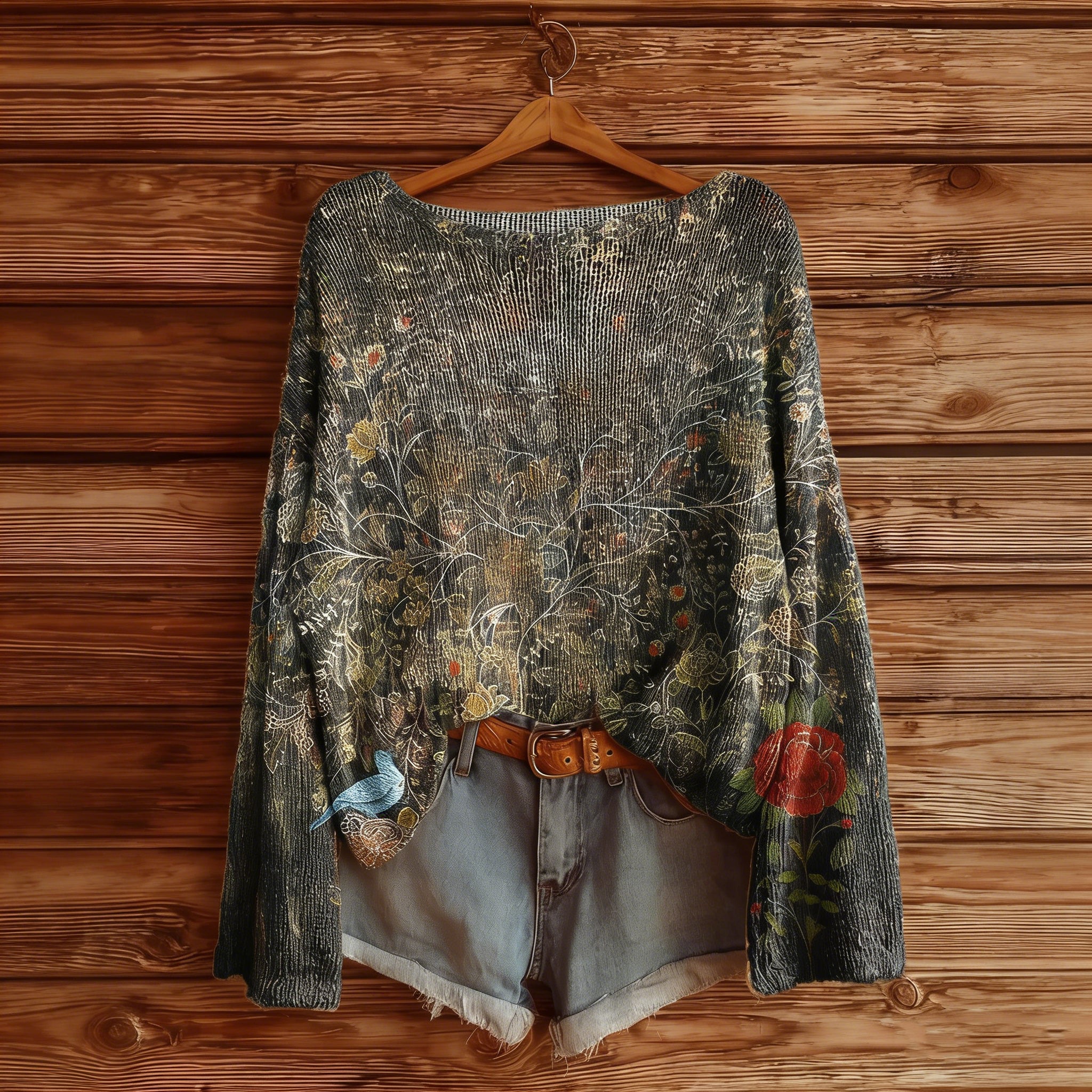 Patterned Bird And Plant Drop Shoulder Crew Neck Sweater