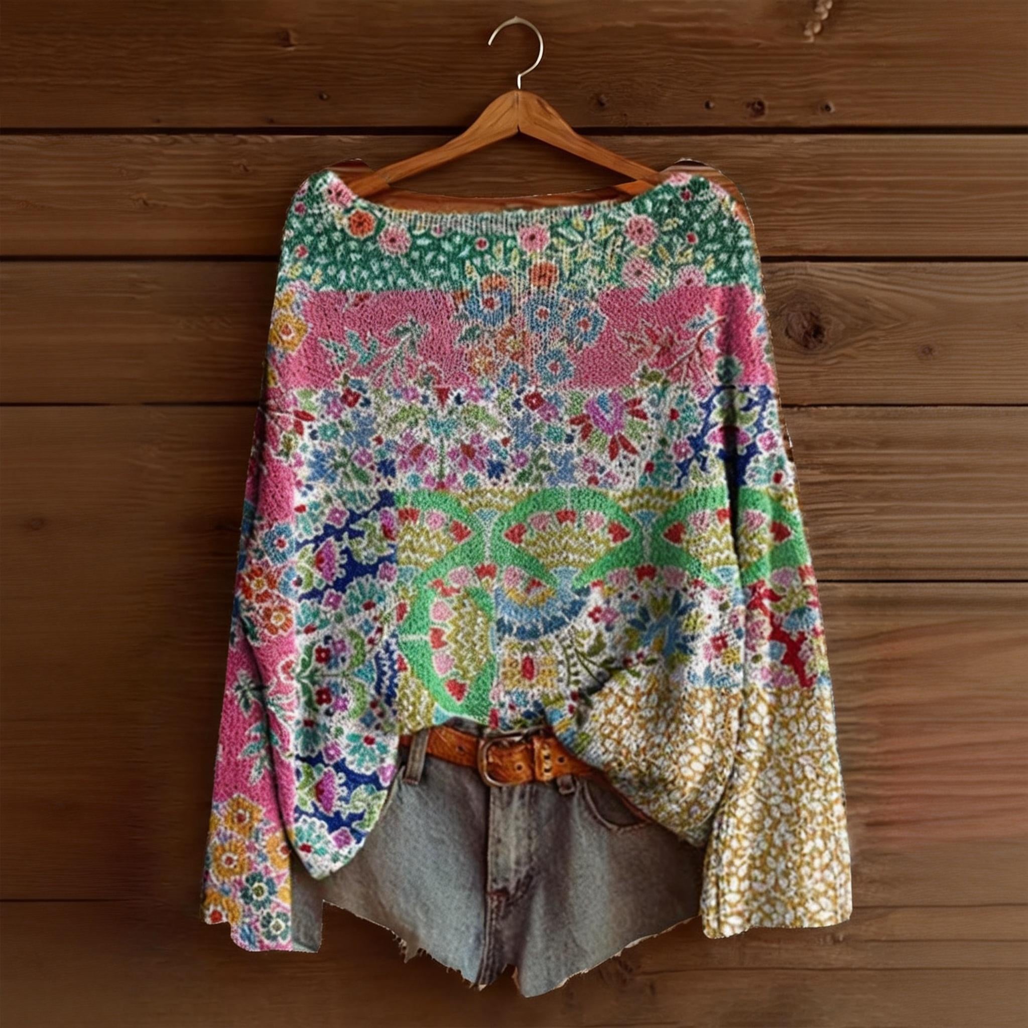 Floral Pattern Colorful Drop-Shoulder Crew Neck Sweater