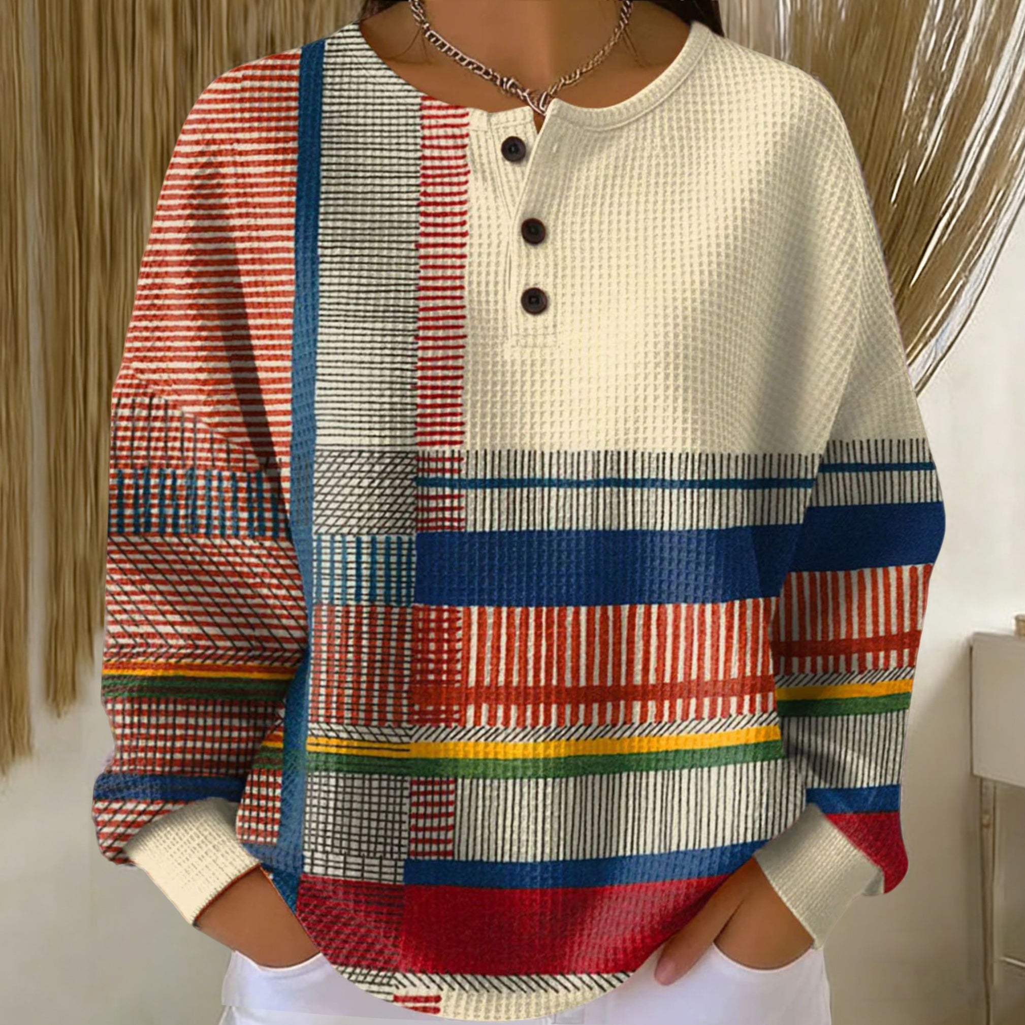 Colorful Stripe Patchwork Graphic Stand Collar Polo Shirt