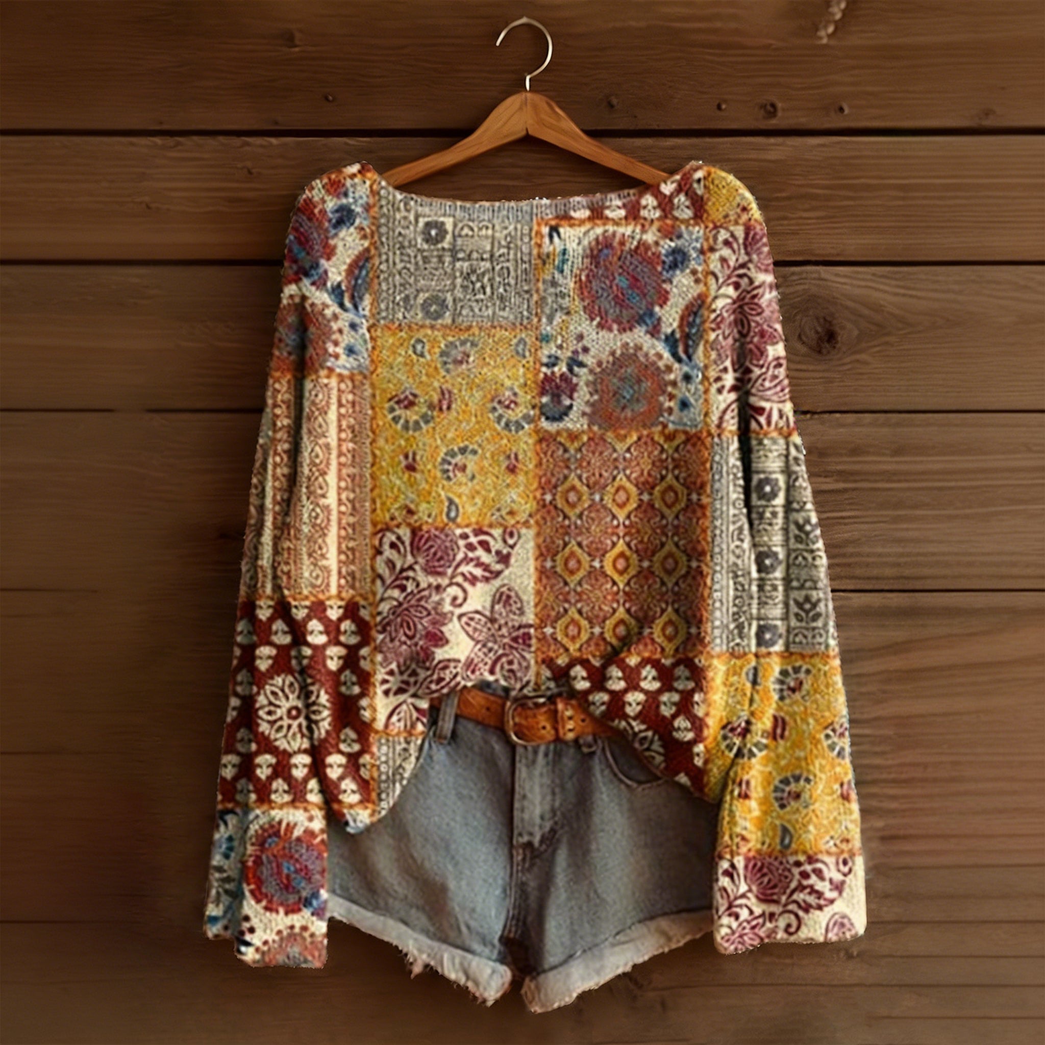 Square Pattern Drop-Shoulder Crewneck Sweater