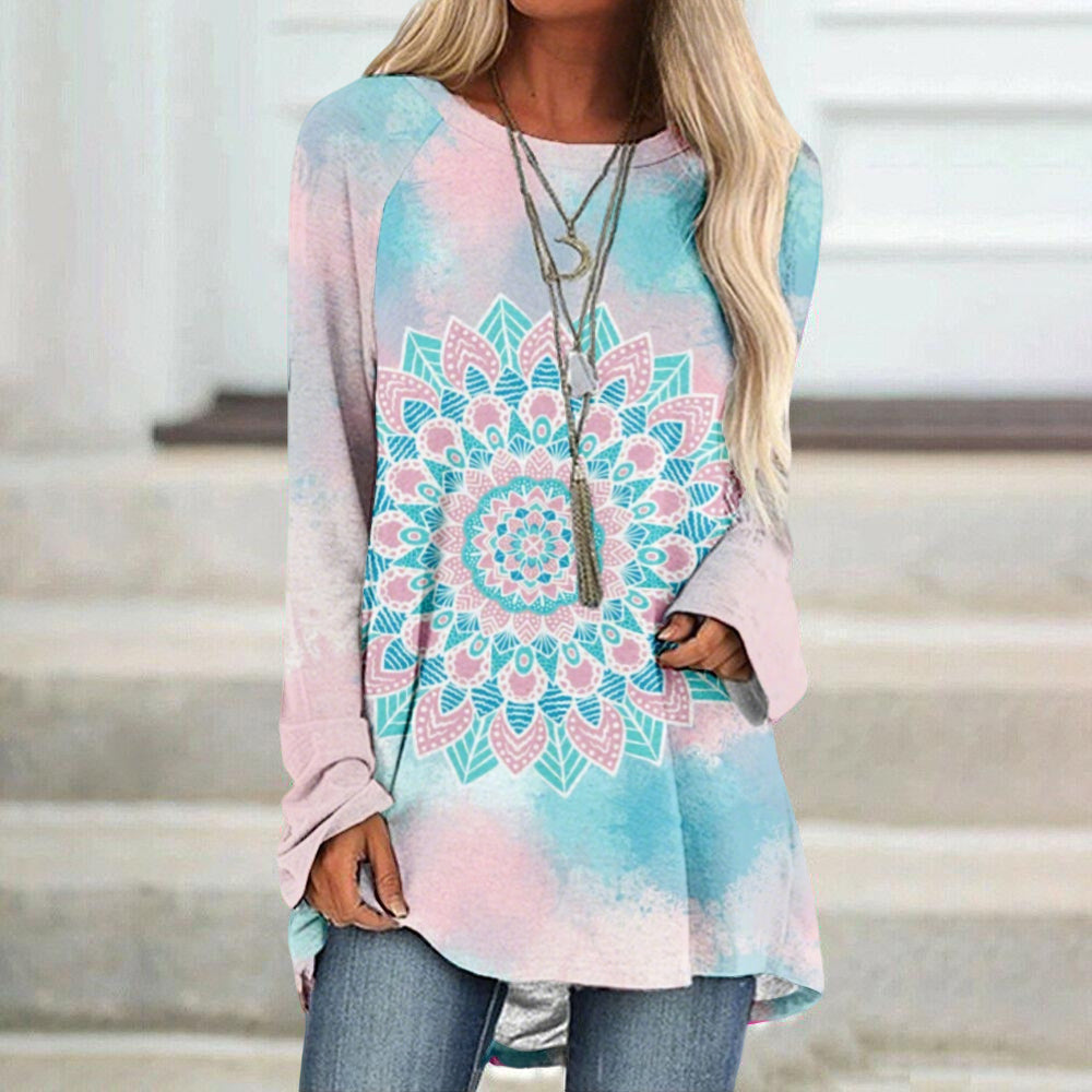 Pink And Blue Floral Gradient Long-Sleeve T-Shirt