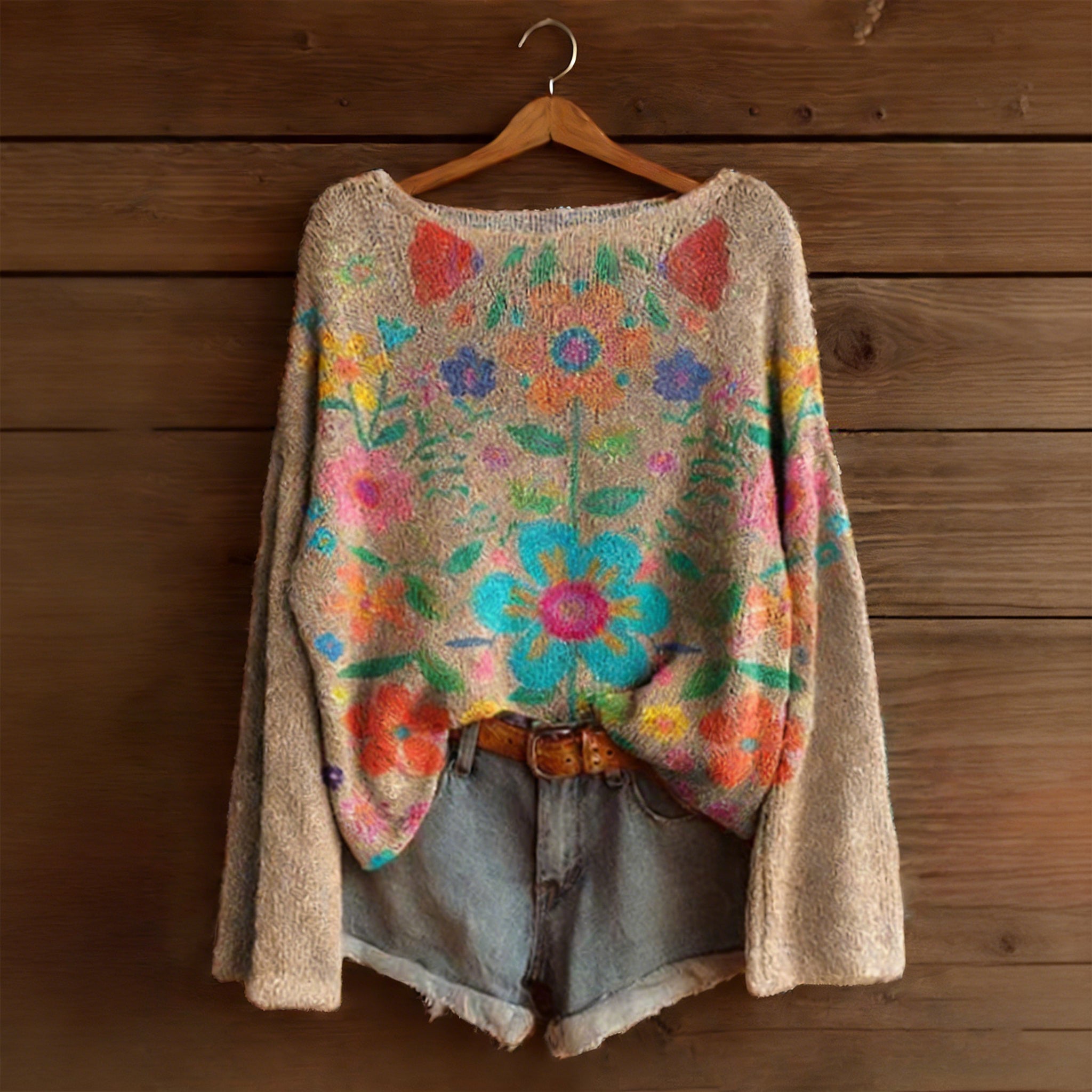 Symmetrical Floral Pattern Drop Shoulder Crew Neck Sweater