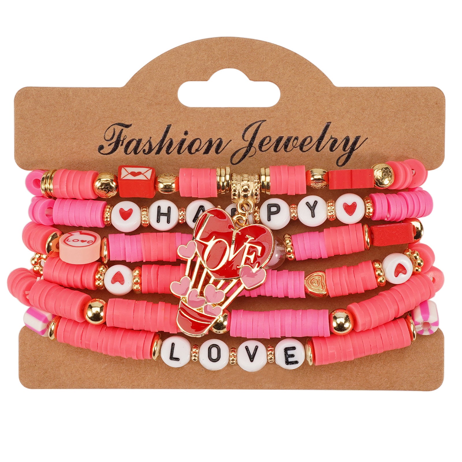 Heart-Shaped Love And Rose Flower Pendant Polymer Clay And Artificial Crystal Beaded Bracelet