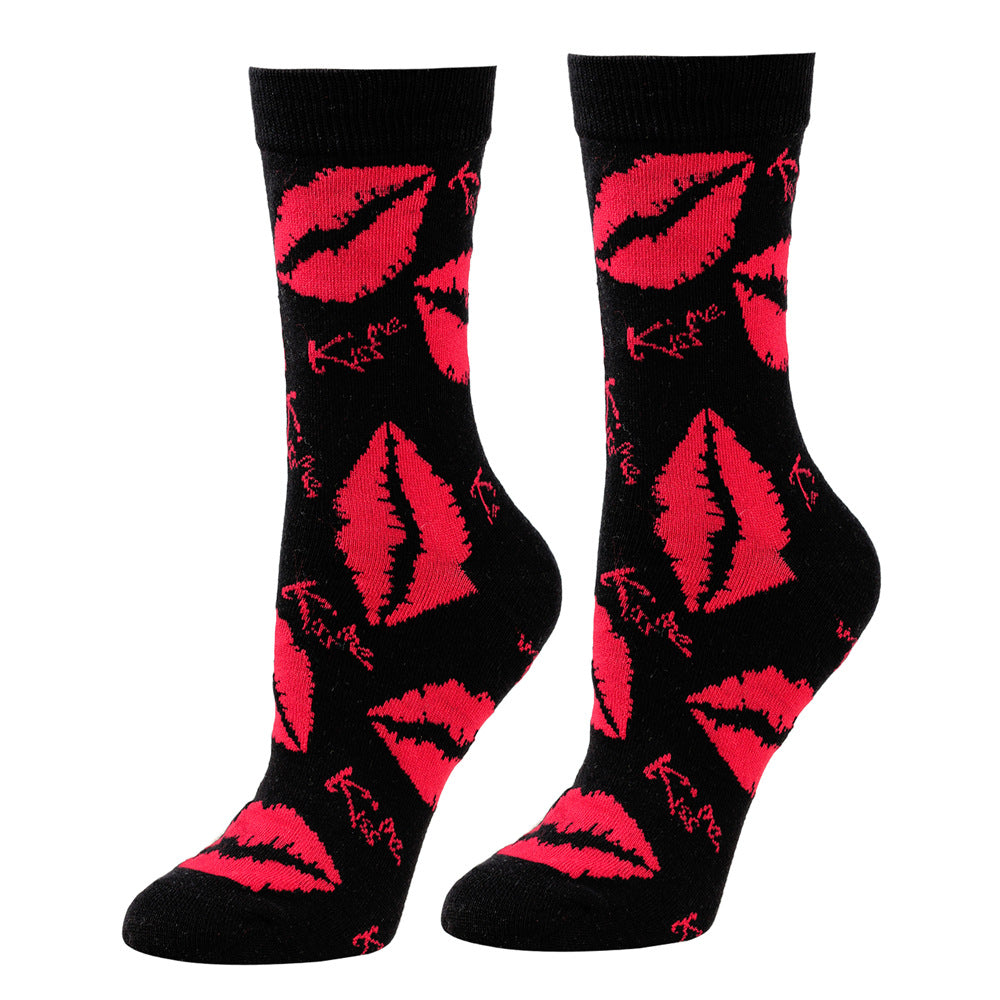 Heart-Patterned Mid-Calf Length Knitted Cotton Socks