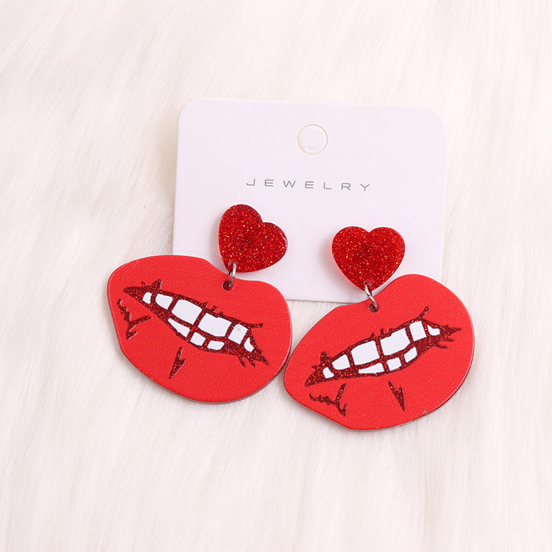 Acrylic Heart-Shaped Earrings With Red Lips And Rose Flower Pendants
