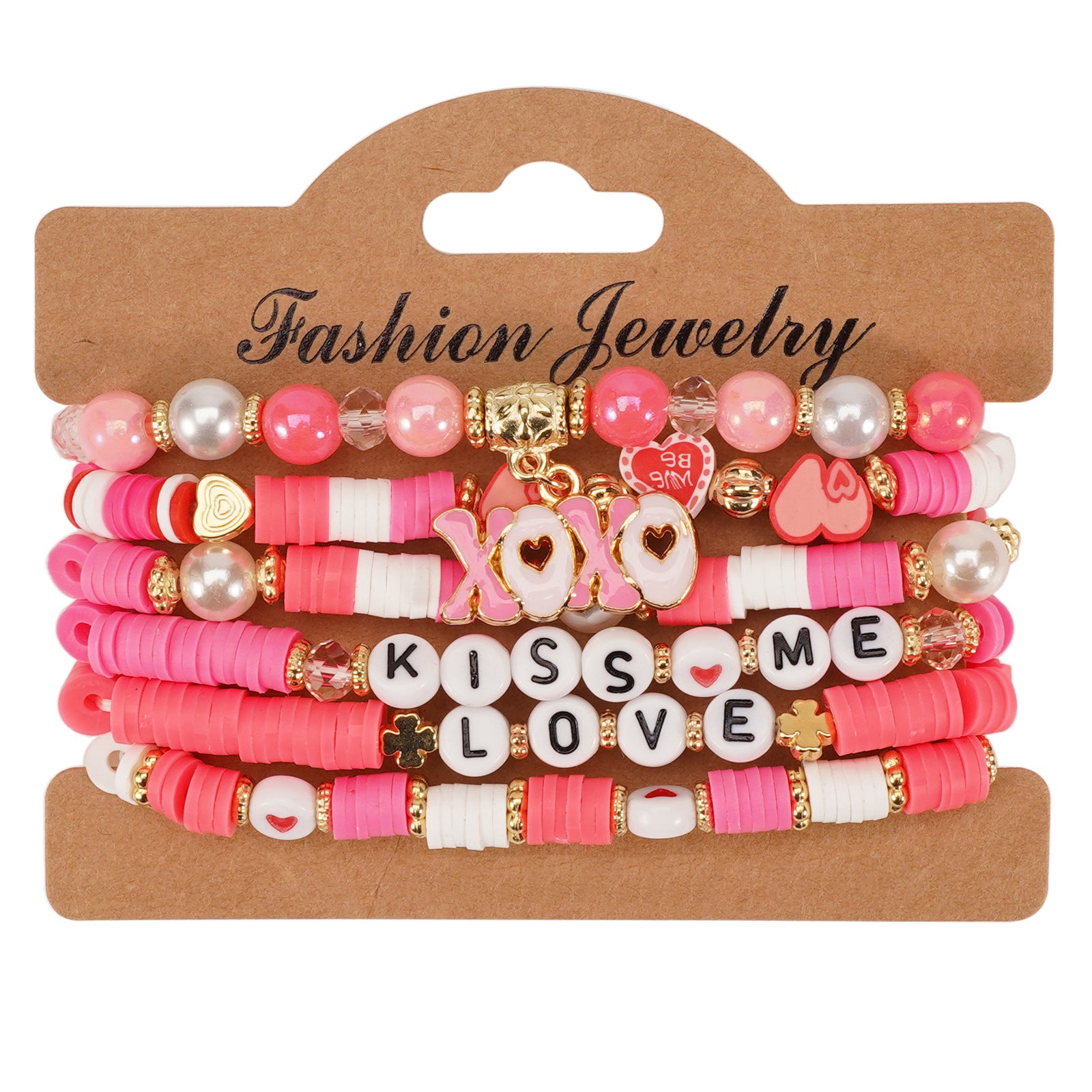 Heart-Shaped Love And Rose Flower Pendant Polymer Clay And Artificial Crystal Beaded Bracelet