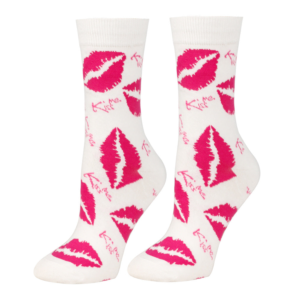 Heart-Patterned Mid-Calf Length Knitted Cotton Socks